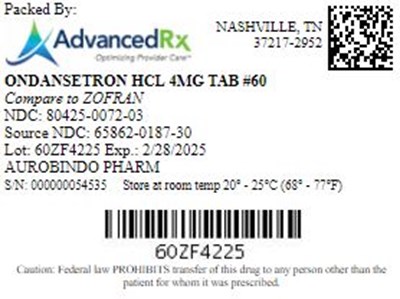 Ondansetron HCl 4mg Tab Qty 60 Ndc 80425 0072